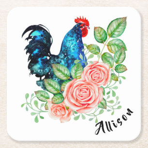 Rooster with Flowers Personalised Square Paper Coaster