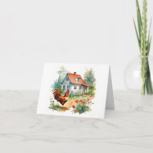 Rooster with Old Farm House and Flowers BLANK  Card