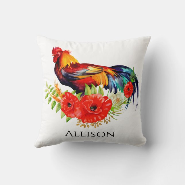 Rooster with Poppies Farmhouse Throw Pillow (Back)