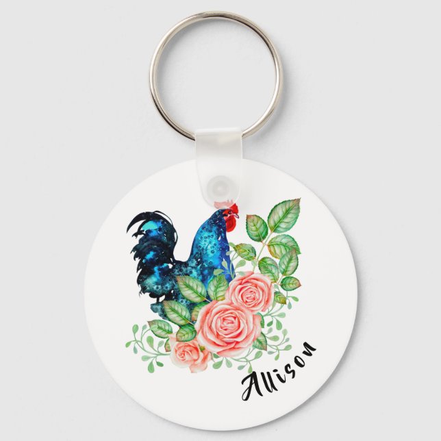 Rooster with Roses  Key Ring (Front)