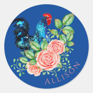Rooster with Roses Personalised Classic Round Sticker