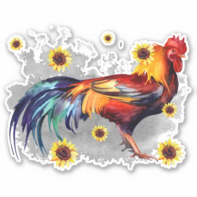 Rooster with Sunflowers Custom-Cut Vinyl Sticker (Front)