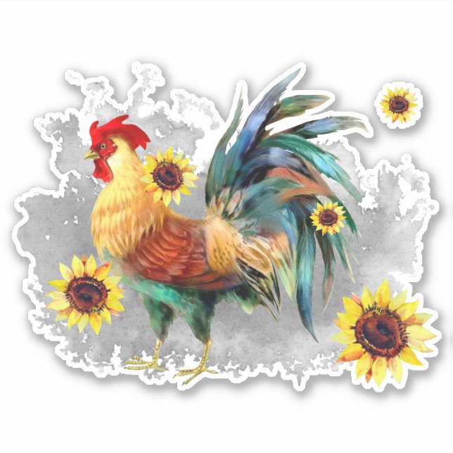Rooster with Sunflowers Custom-Cut Vinyl Sticker (Front)
