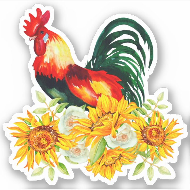 Rooster with Sunflowers Custom-Cut Vinyl Sticker (Front)