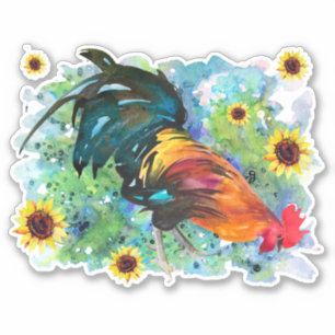 Rooster with Sunflowers Custom-Cut Vinyl Sticker