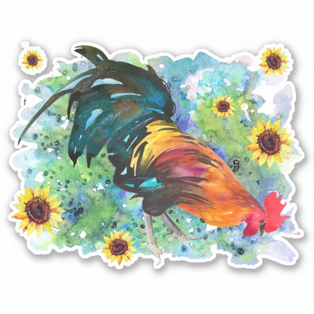Rooster with Sunflowers Custom-Cut Vinyl Sticker (Front)