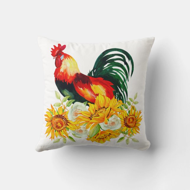 Rooster with Sunflowers Farmhouse Throw Pillow (Back)