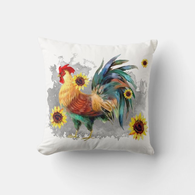 Rooster with Sunflowers Farmhouse Throw Pillow (Front)