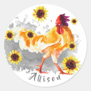 Rooster with Sunflowers Personalised Classic Round Classic Round Sticker