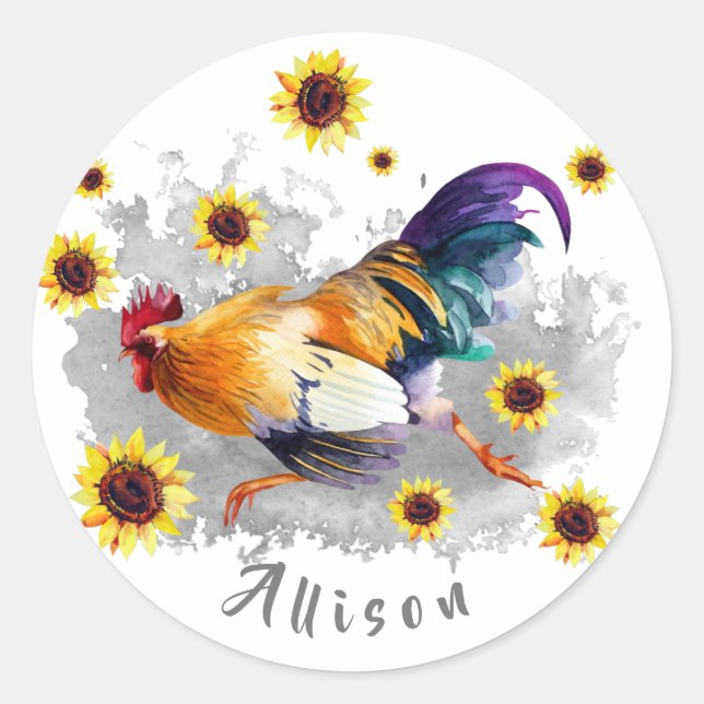 Rooster with Sunflowers Personalised Classic Round Sticker (Front)