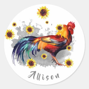 Rooster with Sunflowers Personalised Classic Round Sticker