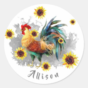 Rooster with Sunflowers Personalised Classic Round Sticker
