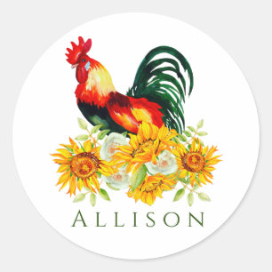 Rooster with Sunflowers Personalised  Classic Round Sticker