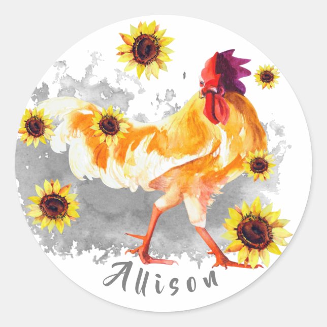 Rooster with Sunflowers Personalised Classic Round Sticker (Front)