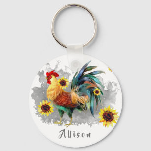 Rooster with Sunflowers Personalised Key Ring