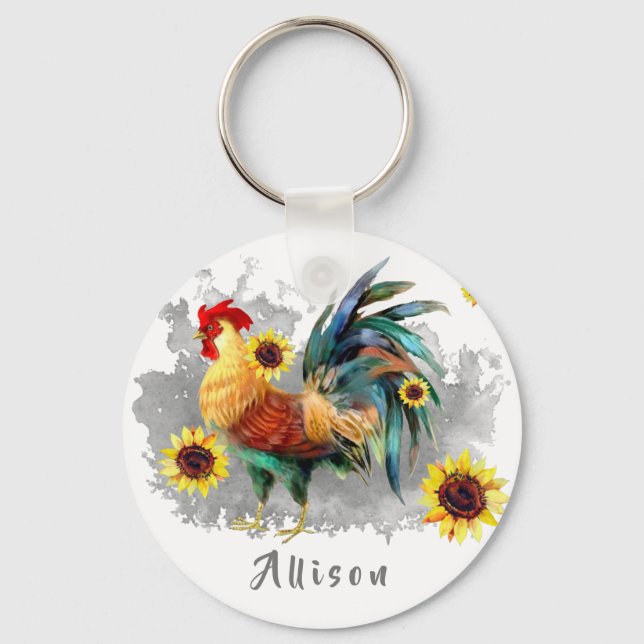 Rooster with Sunflowers Personalised Key Ring (Front)