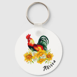 Rooster with Sunflowers Personalised Key Ring