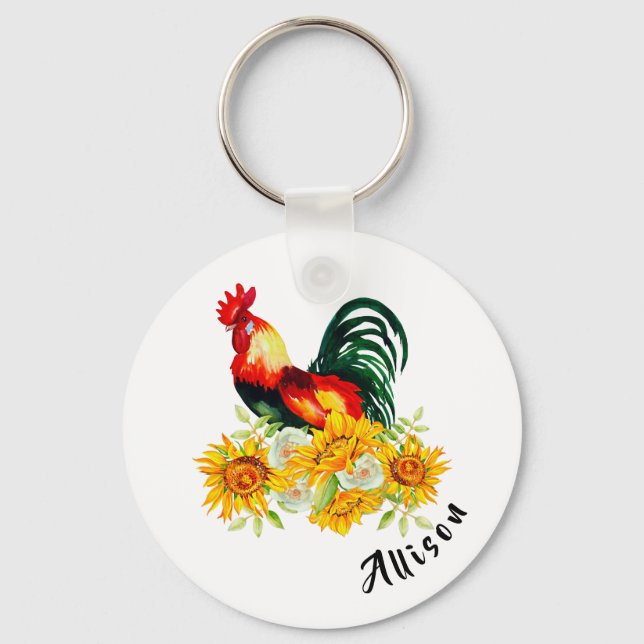 Rooster with Sunflowers Personalised  Key Ring (Front)