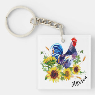 Rooster with Sunflowers Personalised  Key Ring