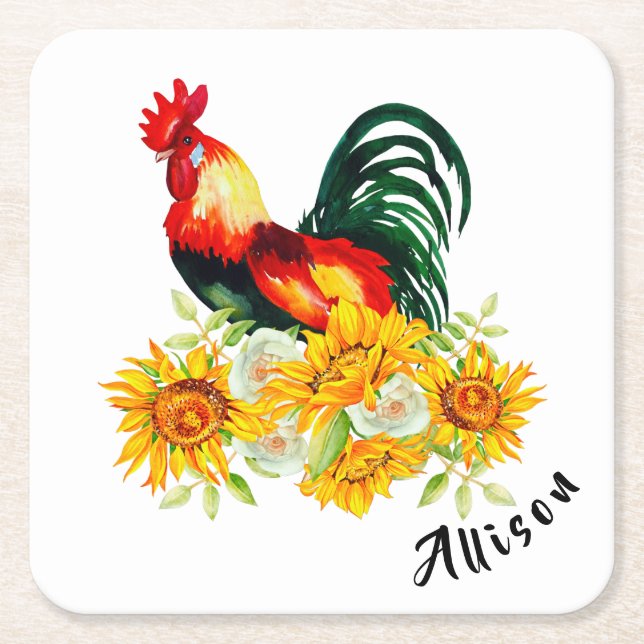 Rooster with Sunflowers Personalised Square Paper  Coaster (Front)