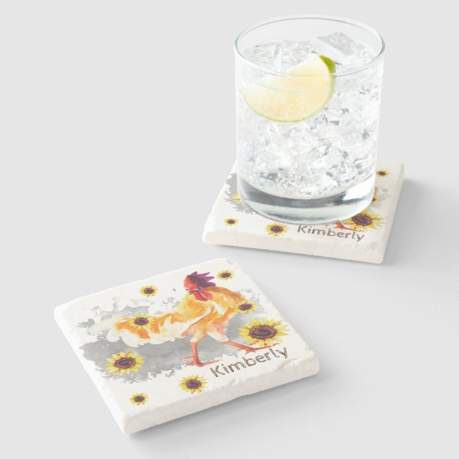 Rooster with Sunflowers Personalised  Stone Coaste Stone Coaster (Side)