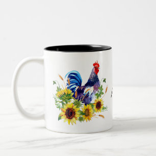 Rooster with Sunflowers Personalised Watercolor Two-Tone Coffee Mug