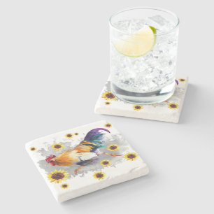 Rooster with Sunflowers Stone Coaster