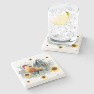 Rooster with Sunflowers Stone Coaster