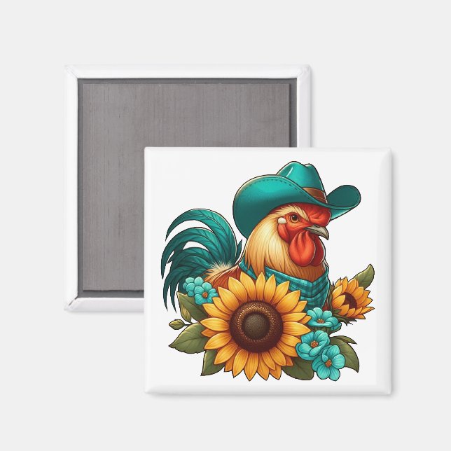 Rooster With Teal Hat and Sunflowers  Magnet (Front/Back)
