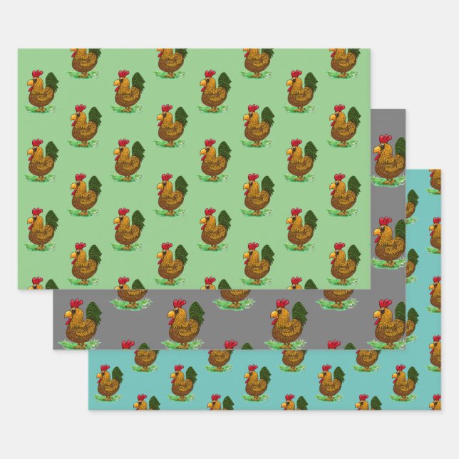 Rooster wrapping paper set, 3 styles, (Set)