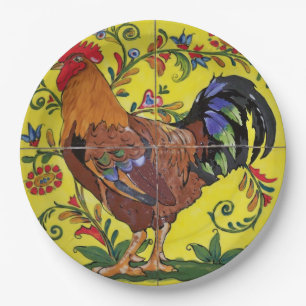 Rooster Yellow  Floral Tile Folk Art Country Paper Plate