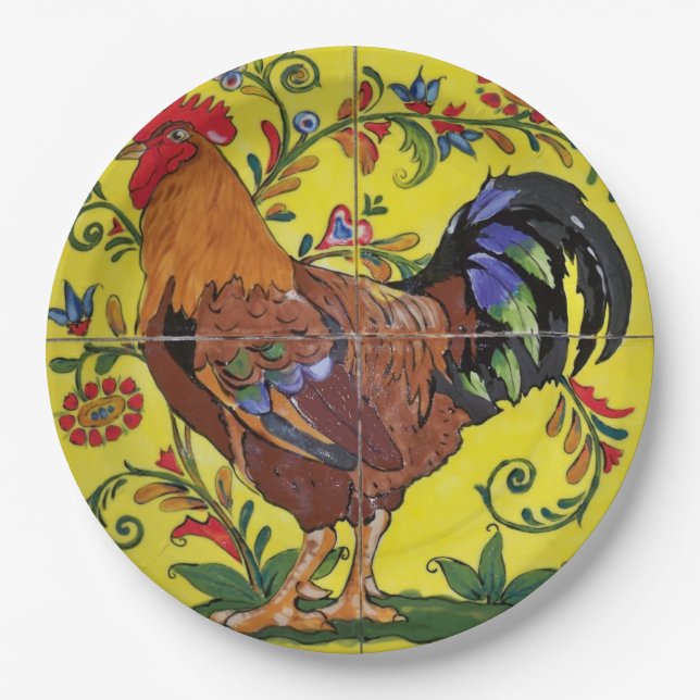 Rooster Yellow  Floral Tile Folk Art Country Paper Plate (Front)