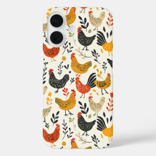 Roosters and Chickens Simple Illustration Print iPhone 16 Case