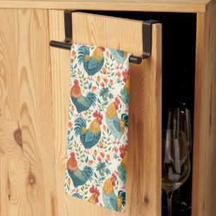 Roosters and Flowers Tea Towel
