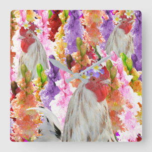 Roosters And Hollyhock Flowers, Square Wall Clock