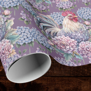 Roosters and Hydrangeas Blue Purple Gray Farmhouse Wrapping Paper