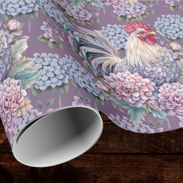 Roosters and Hydrangeas Blue Purple Gray Farmhouse Wrapping Paper (Creator Uploaded)
