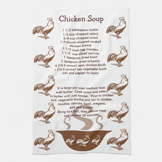 Roosters and Soup Bowl Chicken Soup Recipe Tea Towel (Vertical)
