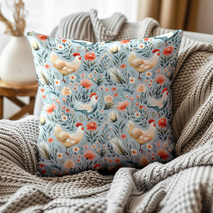 Roosters Chickens Dusty Blue Farmhouse  Cushion