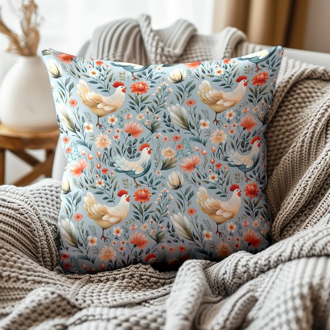 Roosters Chickens Dusty Blue Farmhouse  Cushion (Blue and white rooster pattern decorator pillow)