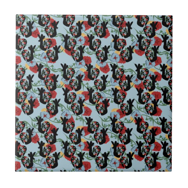 Roosters Folk Floral Mexican Pattern  Ceramic Tile (Front)