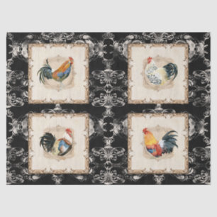 Roosters Four Vintage French Damask Black n White Tissue Paper