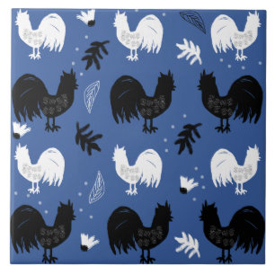 Roosters Hand Drawn Floral Farm Pattern Ceramic Tile