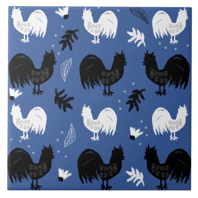 Roosters Hand Drawn Floral Farm Pattern Ceramic Tile (Front)
