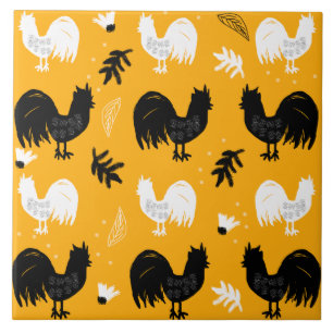 Roosters Hand Drawn Floral Farm Pattern Ceramic Tile