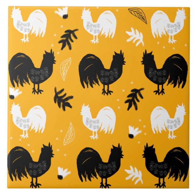 Roosters Hand Drawn Floral Farm Pattern Ceramic Tile (Front)