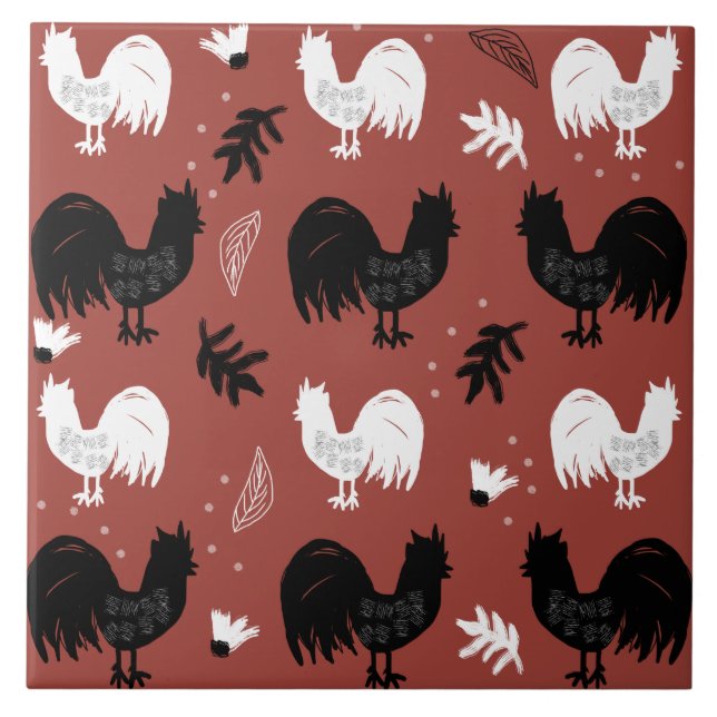 Roosters Hand Drawn Floral Farm Pattern Ceramic Tile (Front)