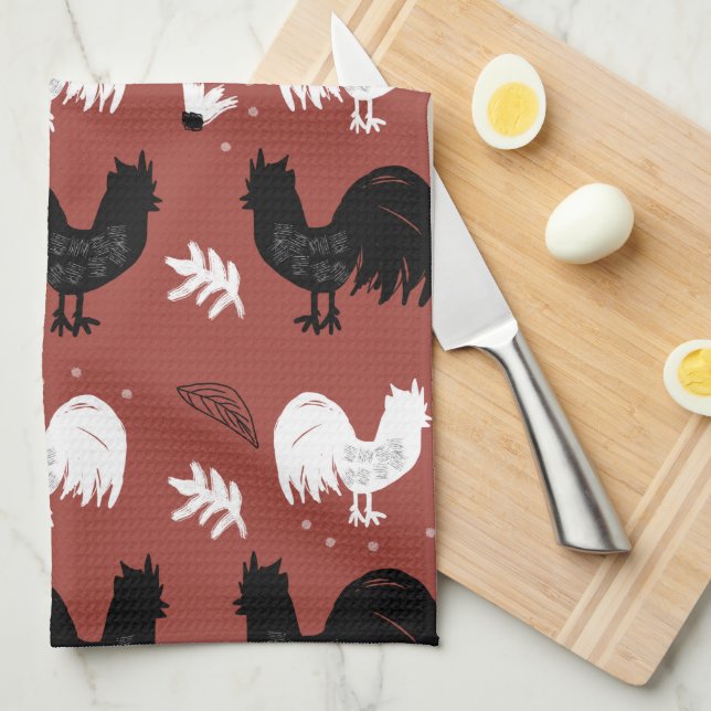 Roosters Hand Drawn Floral Farm Pattern Tea Towel (Quarter Fold)