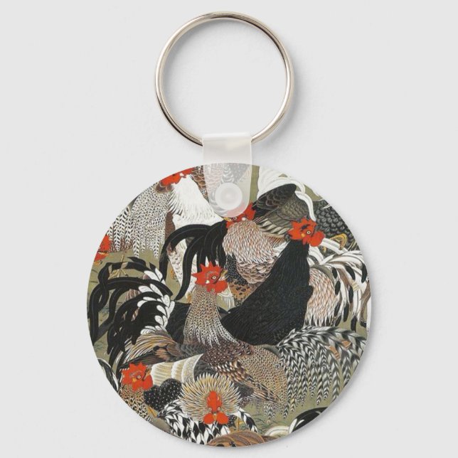 Roosters Hen Illustration by Ito Jakuchu Key Ring (Front)