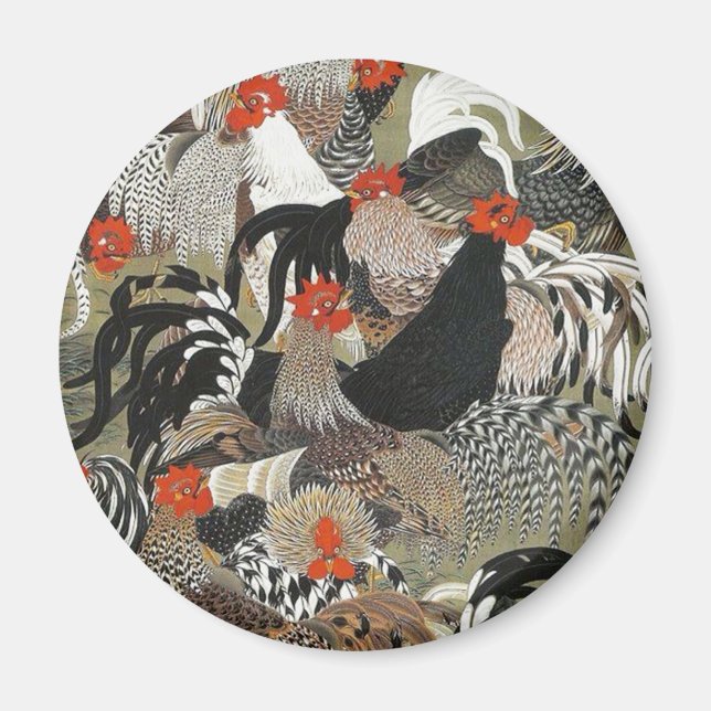 Roosters Hen Illustration by Ito Jakuchu Magnet (Front)